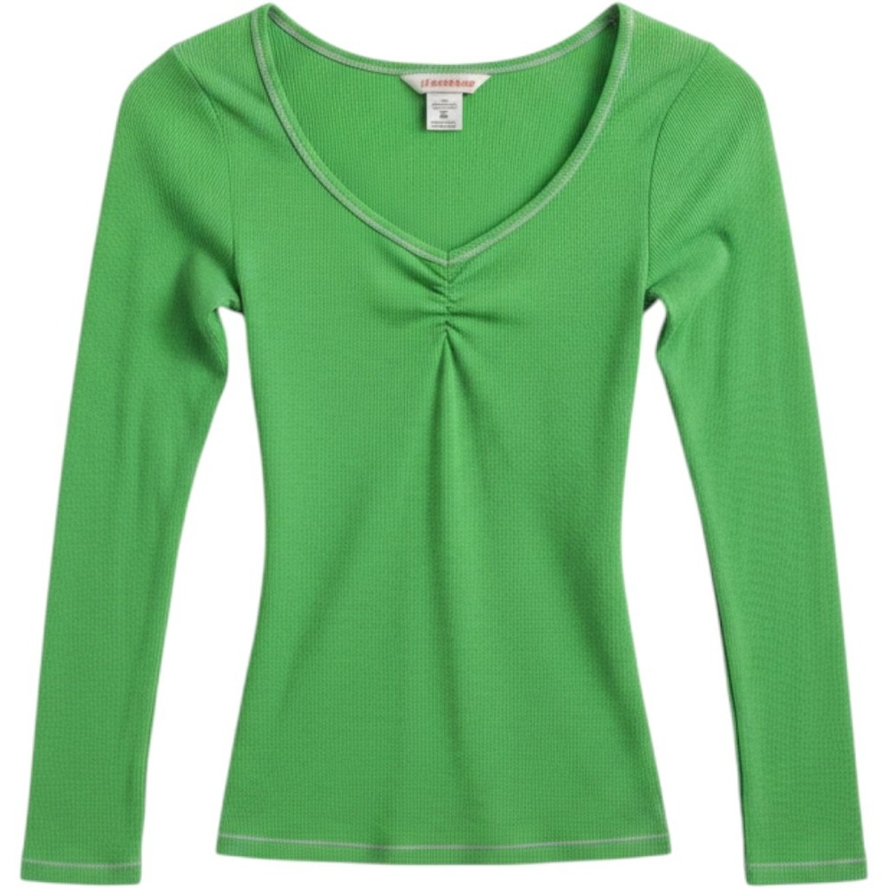 No Boundaries Poison Green Ribbed Long Sleeve Ruched Scoop Neck‎ Top S 3/5